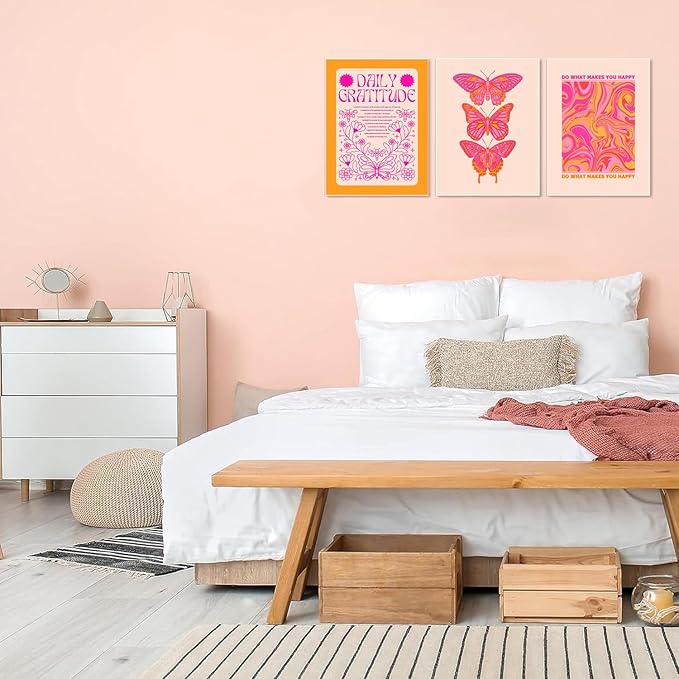 Hwetui Butterfly Wall Art Poster Set of 3 - Pink Orange Preppy Wall Decor Pictures, Daily Gratitude Paintings Prints Aesthetic Home Decor for Girls Bedroom Dorm Apartment 16x24 inch Unframed
