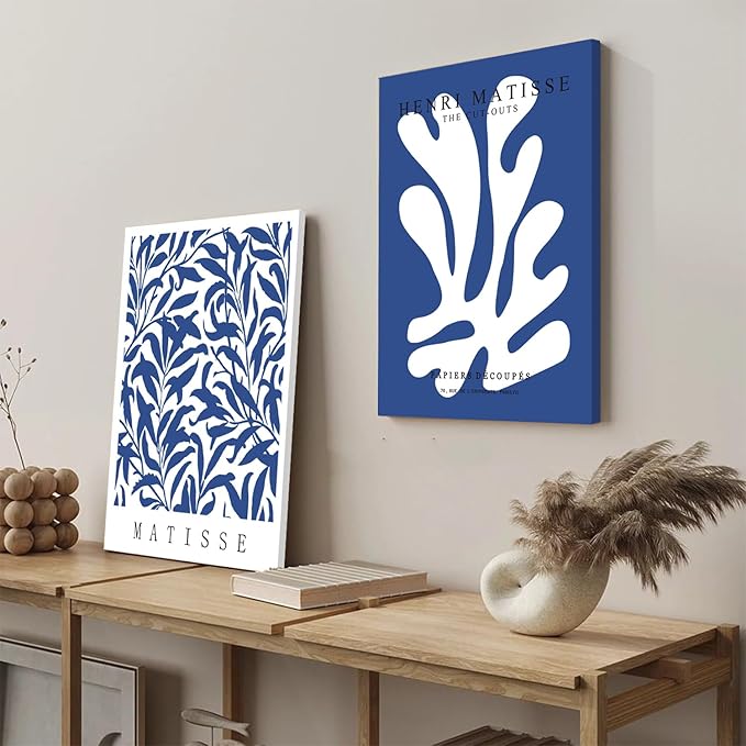 Framed Henri Matisse Canvas Wall Art Set of 3 - Abstract Blue and White Botanical Line Wall Decor Paintings, Modern Minimalist Poster Prints Aesthetic Home Decor for Living Room Bedroom Office 16x24 inch