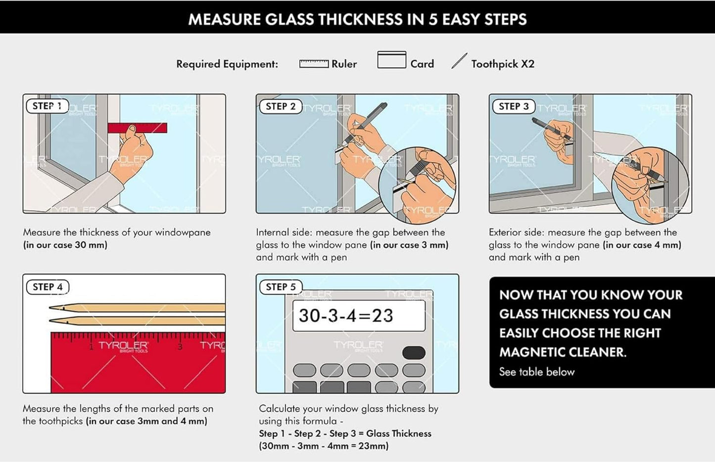Tyroler Magnetic Window Cleaner | 3M Anti-Fall Rope | Double-Sided Cleaning (Double-Glaze Fit 0.8"-1.1")