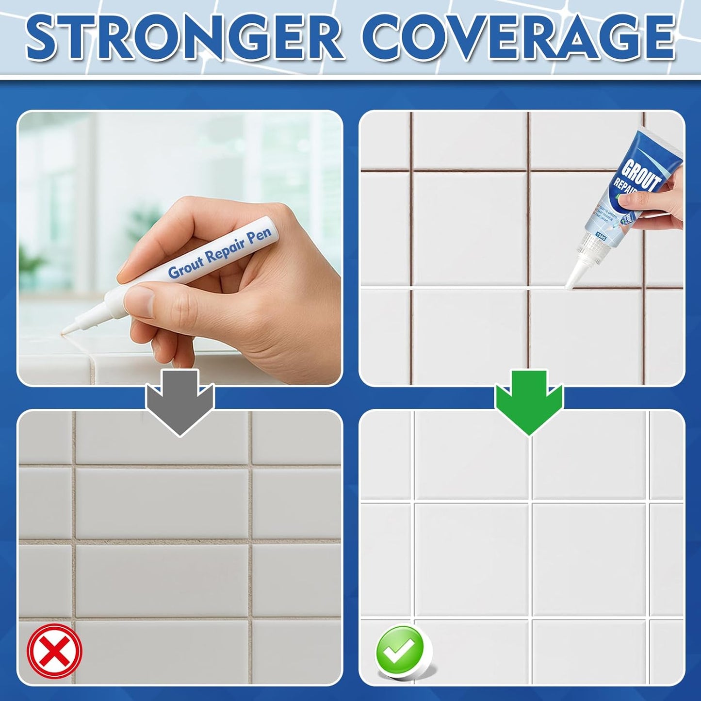 Tile Grout Repair Kit, 2 Pack Fast Drying Grout Filler for Bathroom, Kitchen, Shower, Versatile Triple Use with Grout Sealer, Replace Grout Pen for Restore and Renew Tile Joints Line(White)