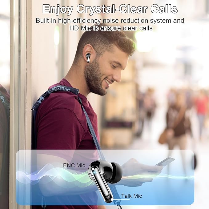 Wireless Earbuds, Bluetooth 5.4 Headphones, ENC Noise Cancelling Mic Ear buds with Stereo Bass, 48H Playtime Earphones , LED Display, IP7 Waterproof In Ear EarBuds for Phone Android iOS Sports, Black