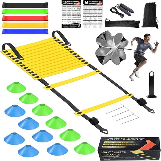 Speed Agility Training Equipment Set, Agility Ladder 20ft, 12 Football Cones, Resistance Parachute/Soccer Kick Trainer, Jump Rope, 5 Resistance Bands, Football Practice Equipment for Kids Adults