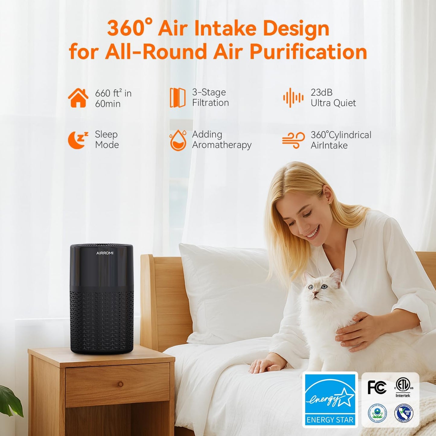 AIRROMI Pets Air Purifier for Home Allergies,Up to 660 ft².Yellow Deodorizing Activated Carbon Filter,With Fragrance Sponge for Better Sleep,Night Light,Pet Dander,Smoke,Odors,Air Cleaner A2002 Black