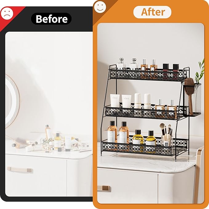 Vintage 3 Tier Spice Rack Organizer for Kitchen Counter, Bathroom Counter Organizer with Bonus Basket, 3 Tier Bathroom Counter Organizer for Spices Makeup Perfumes, Retro Countertop Organizer