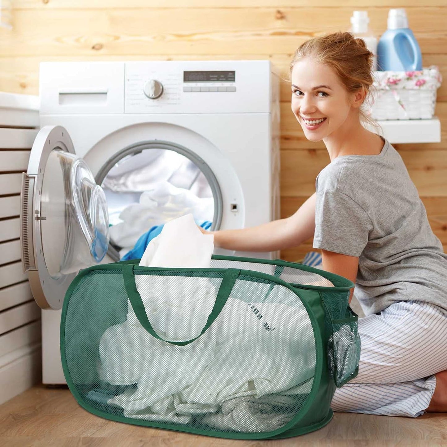 4 Pack Collapsible Laundry Baskets, Foldable Laundry Basket with Pocket, Durable Pop Up Hampers, Reinforced Handles Dirty Clothes Hamper for Laundry, Bedroom, Bathroom, Dorm, Travel or Camping Green