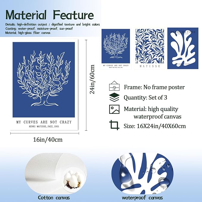 Henri Matisse Canvas Wall Art Poster Set of 3, Abstract Blue and White Line Wall Decor Paintings, Modern Minimalist Prints Aesthetic Home Decor for Living Room Bedroom Office 16x24 inch Unframed