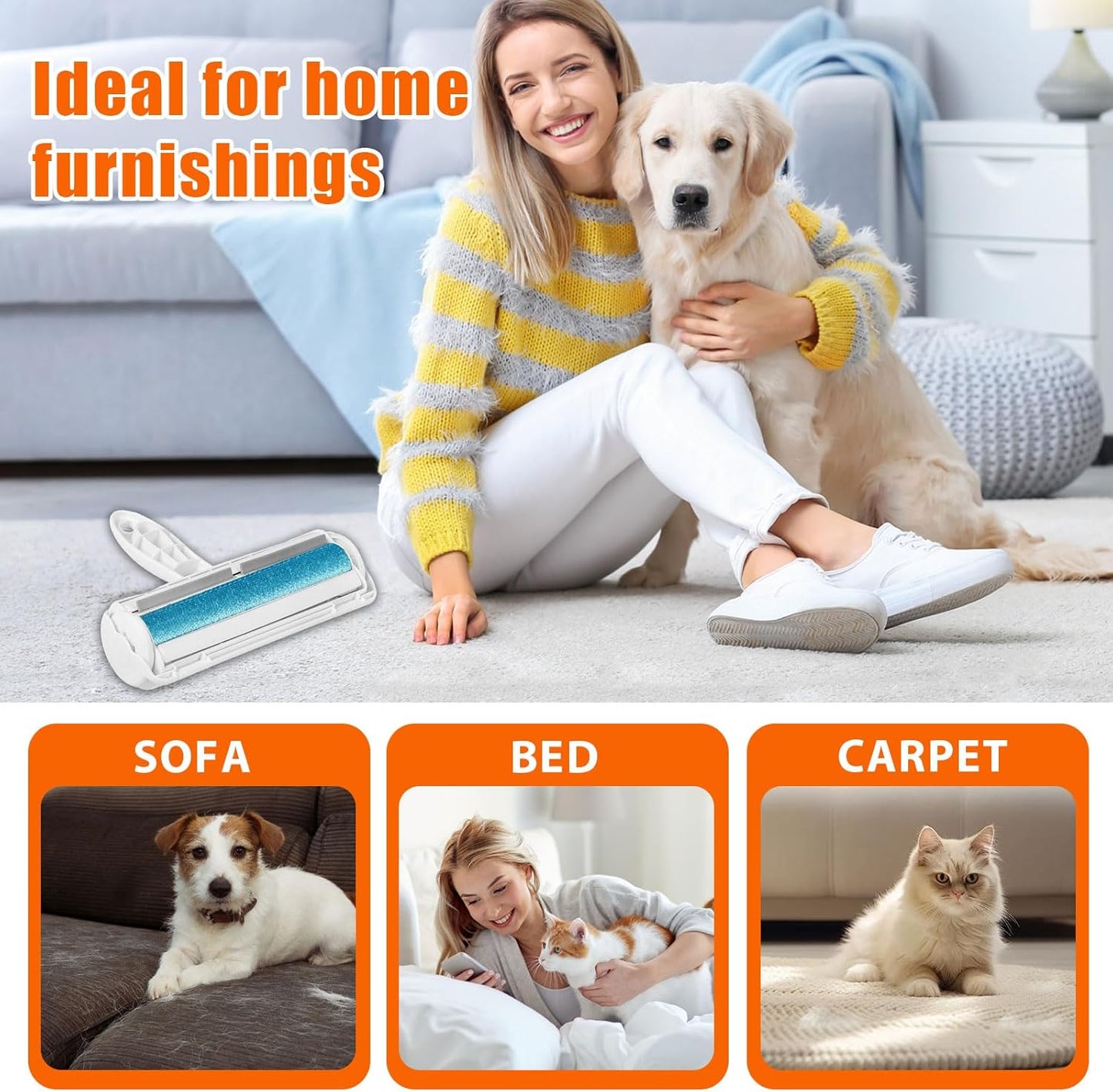 Pet Hair Remover Lint Roller for Pet,Cat Hair Removal Tool Reusable Lint Roller for Furniture, Couch, Carpet, Clothing and Bedding,White Blue