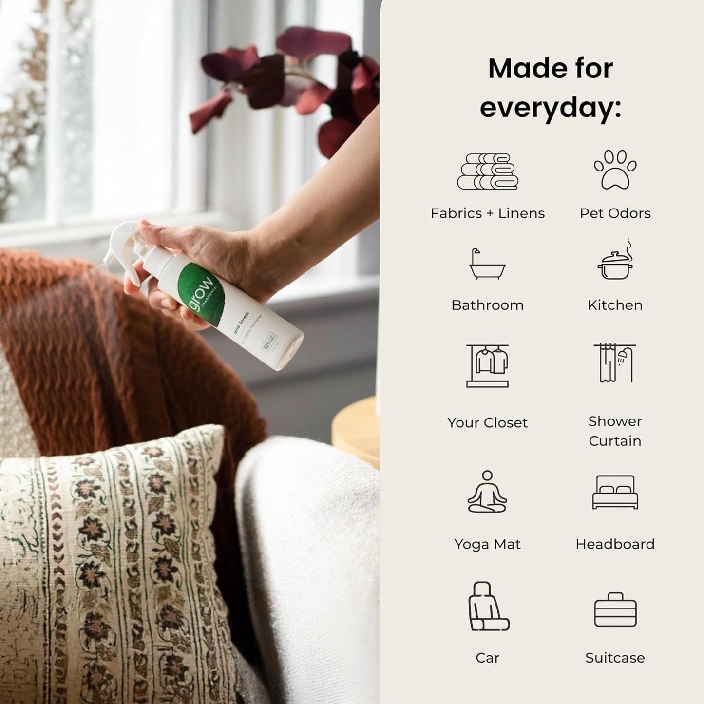 Grow Fragrance Certified Non Toxic, 100% Plant Based Fabric and Room Air Freshener Spray. Made with All Natural Essential Oils (Holiday 3 Pack - Pine Forest, Holiday Hearth, Snowscape) 3 x 5oz