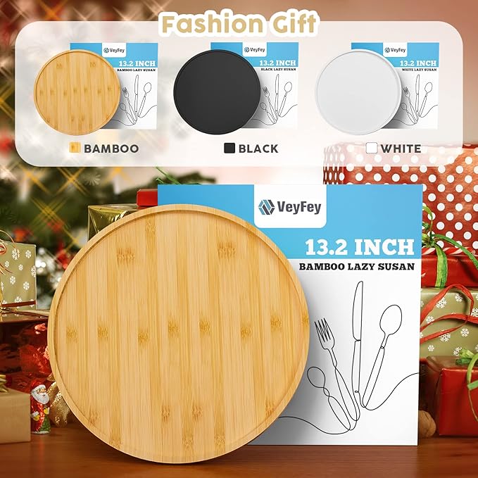 Lazy Susan Organizer, 13.2 Inch Non-Skid Bamboo Lazy Susan for Kitchen Table cabinets Closets and Kitchen Islands, Wood Turntable for Kitchen Countertop Organizer