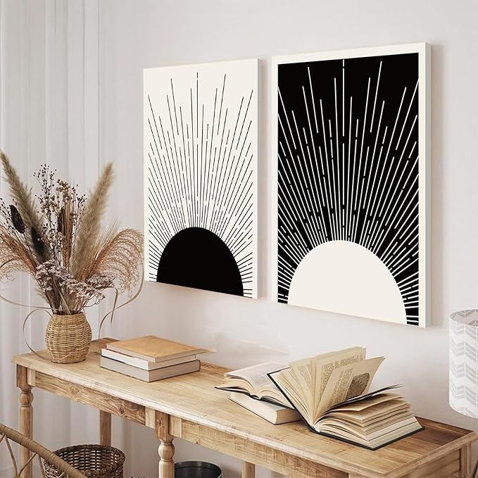 Hwetui Framed Boho Sun Wall Art Set of 2 Black and White Minimalist Sunrise Canvas Prints Abstract Sunshine Painting Geometric Line Pictures Home Decor for Living Room Bedroom Bathroom 16x24in