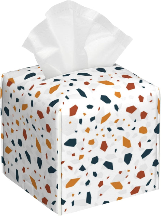 Leather Tissue Box Holder Terrazzo Tile Tissue Box Cover Square Waterproof Tissue Holder Organizer Modern Napkin Holder for Bedroom Dresser Night Stand Office Desk