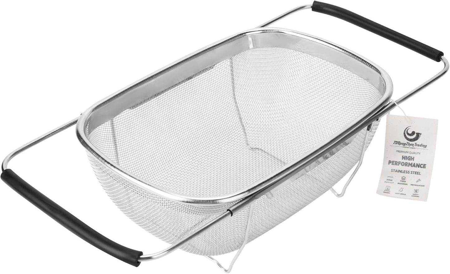 ZDRongZhen Kitchen Accessories Over the Sink Colander Strainer Basket，Stainless Steel Colander with Expandable Rubber Grip Sink Drainer-Rinse Vegetables Fruits &Strain&Drain (Medium-Fine mesh)