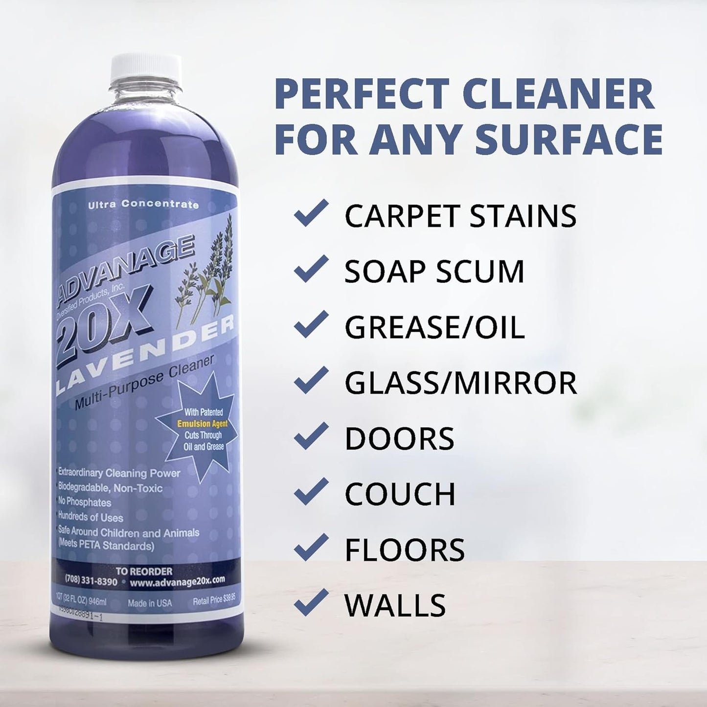 All Purpose Cleaner Concentrate - Advanage 20X The Wonder Cleaner Lavender for All Surfaces Around Bathroom, Kitchen, Oil and Grease, Multi Purpose Cleaner for Household Cleaning Solution | 32 FlOz