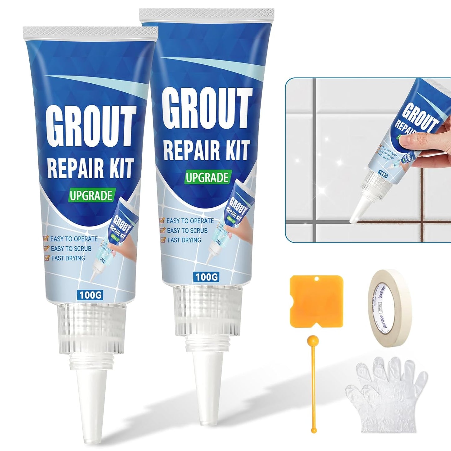 Tile Grout Repair Kit, 2 Pack Fast Drying Grout Filler for Bathroom, Kitchen, Shower, Versatile Triple Use with Grout Sealer, Replace Grout Pen for Restore and Renew Tile Joints Line (Grey)