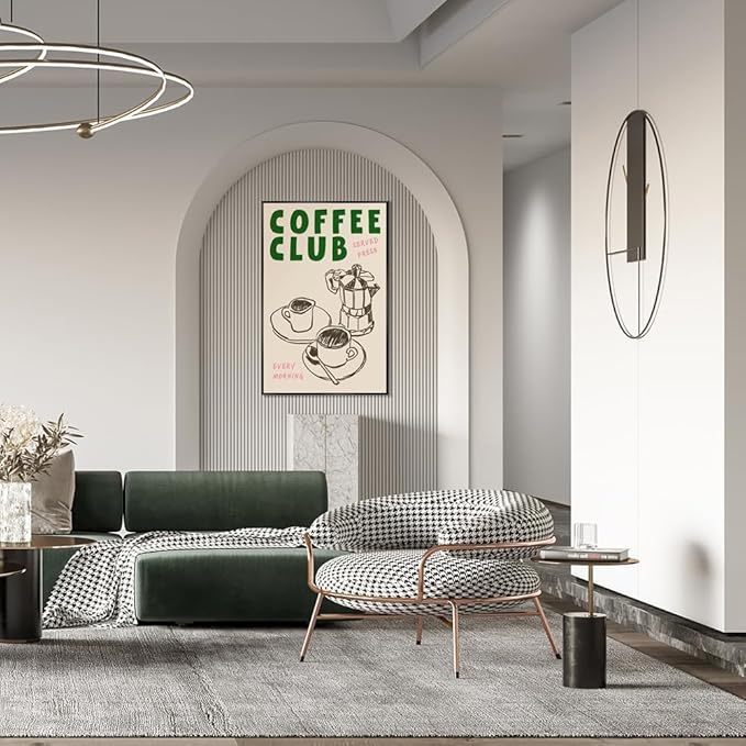 Vintage Coffee Club Wall Art Served Fresh Every Morning Sign Canvas Print Poster Sketch Moka Pot And Cups Minimalist Home Decor Aesthetic Pictures for Kitchen Bar Cafe 16x24inch Metal Black Frame