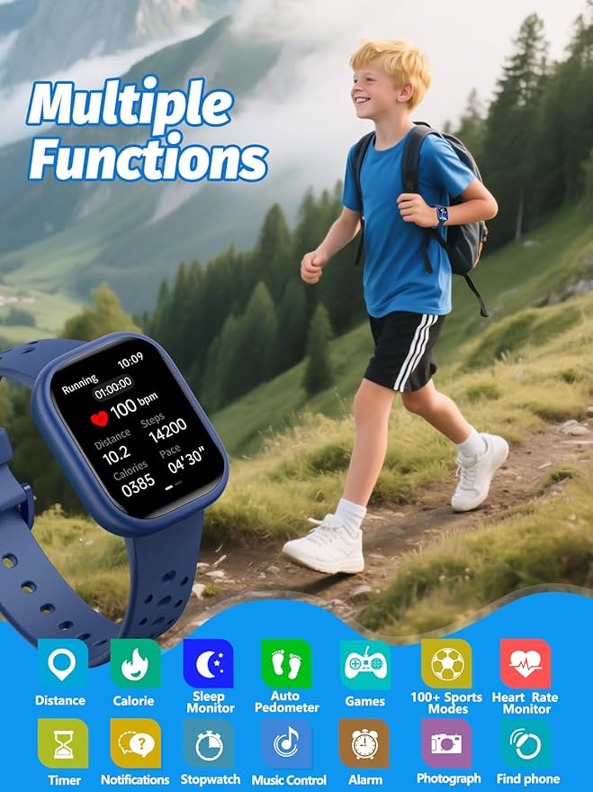 Upgraded Kids Smart Watch Fitness Tracker, 1.85" Screen with 12 Puzzle Games, Heart Rate Sleep Monitor, Pedometer, Waterproof Activity Tracker with/Without APP for Boys Girls