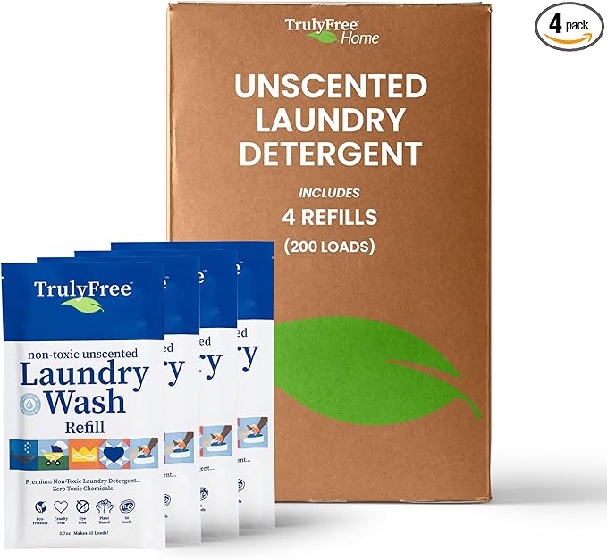 Truly Free Laundry Wash Detergent for Sensitive Skin | Gentle & Safe for Baby Clothes | Plant-Based, Natural Ingredients | Unscented | Refill Only (200 Loads)