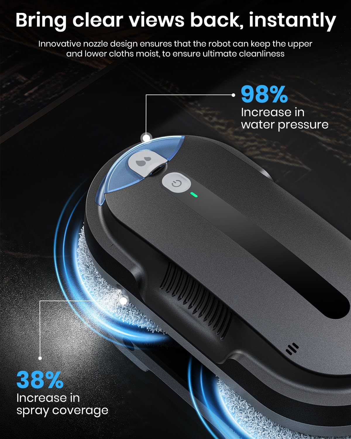 BNZ Smart Window Cleaning Robot, Twin Turbo & Dual Auto-Spray Window Cleaner with Multiple Safety System, AI Path Planning, Frameless Edge Detection, K1 (Matt Black)