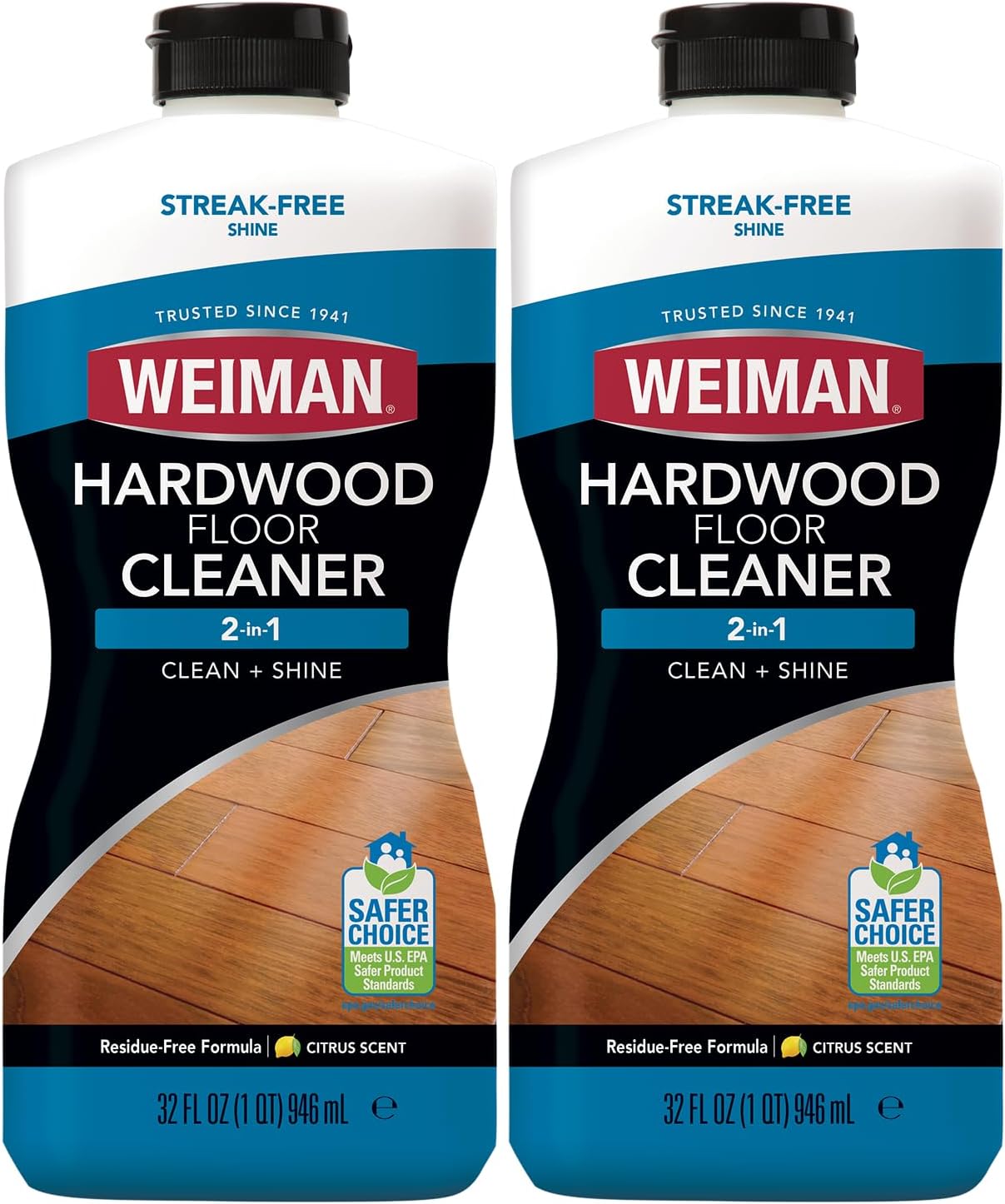 Weiman Hardwood Floor Cleaner for Finished Hardwood, Engineered Flooring, Vinyl & Laminate Surfaces - Streak-Free Shine, No Residue - 32 oz (2 PACK)