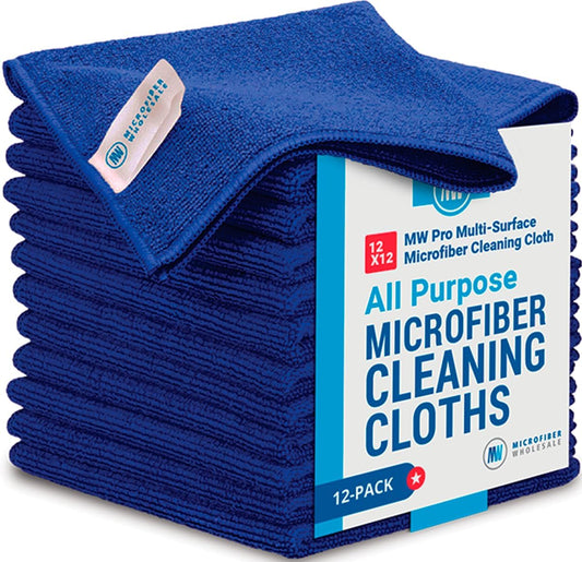 Microfiber Wholesale 12" x 12" MW Pro Multi-Surface Cleaning Cloths Dark Blue - 12 Pack | Premium Microfiber Towels for Cleaning Glass, Kitchens, Bathrooms, Automotive, Supplies & Products