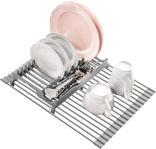 Upgraded Roll Up Dish Drying Rack(17.1” x 13.1”) Over Sink Dish Drainer Foldable Stainless Steel Trivet for Kitchen Countertop