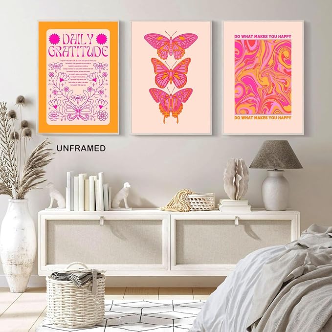 Hwetui Butterfly Wall Art Poster Set of 3 - Pink Orange Preppy Wall Decor Pictures, Daily Gratitude Paintings Prints Aesthetic Home Decor for Girls Bedroom Dorm Apartment 16x24 inch Unframed