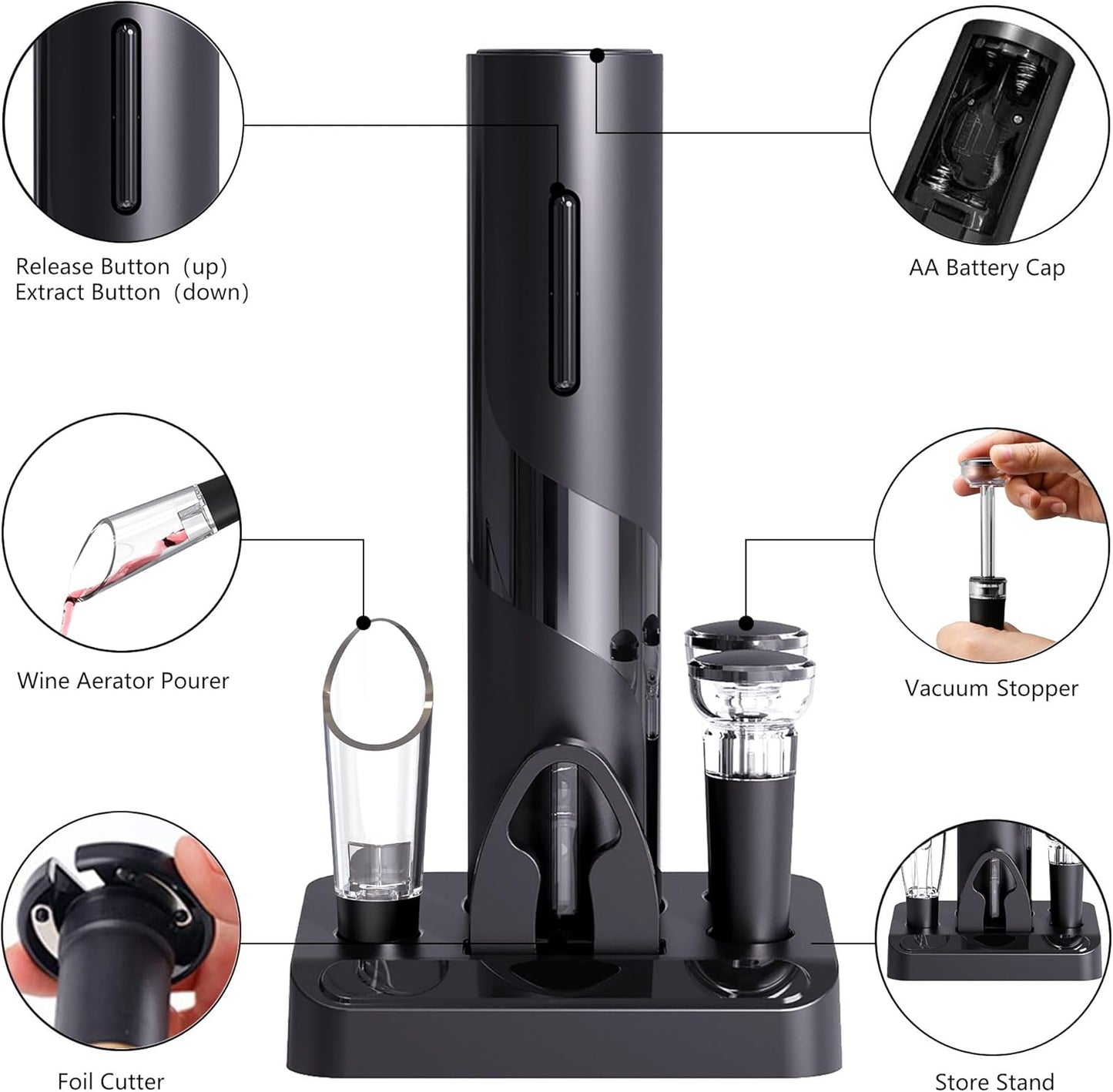 COKUNST Electric Wine Opener Set, Battery Operated Wine Bottle Corkscrew Opener with Foil Cutter, Wine Aerator Pourer, Vacuum Stoppers, Reusable Wine Bottle Openers with Accessories for Kitchen Party