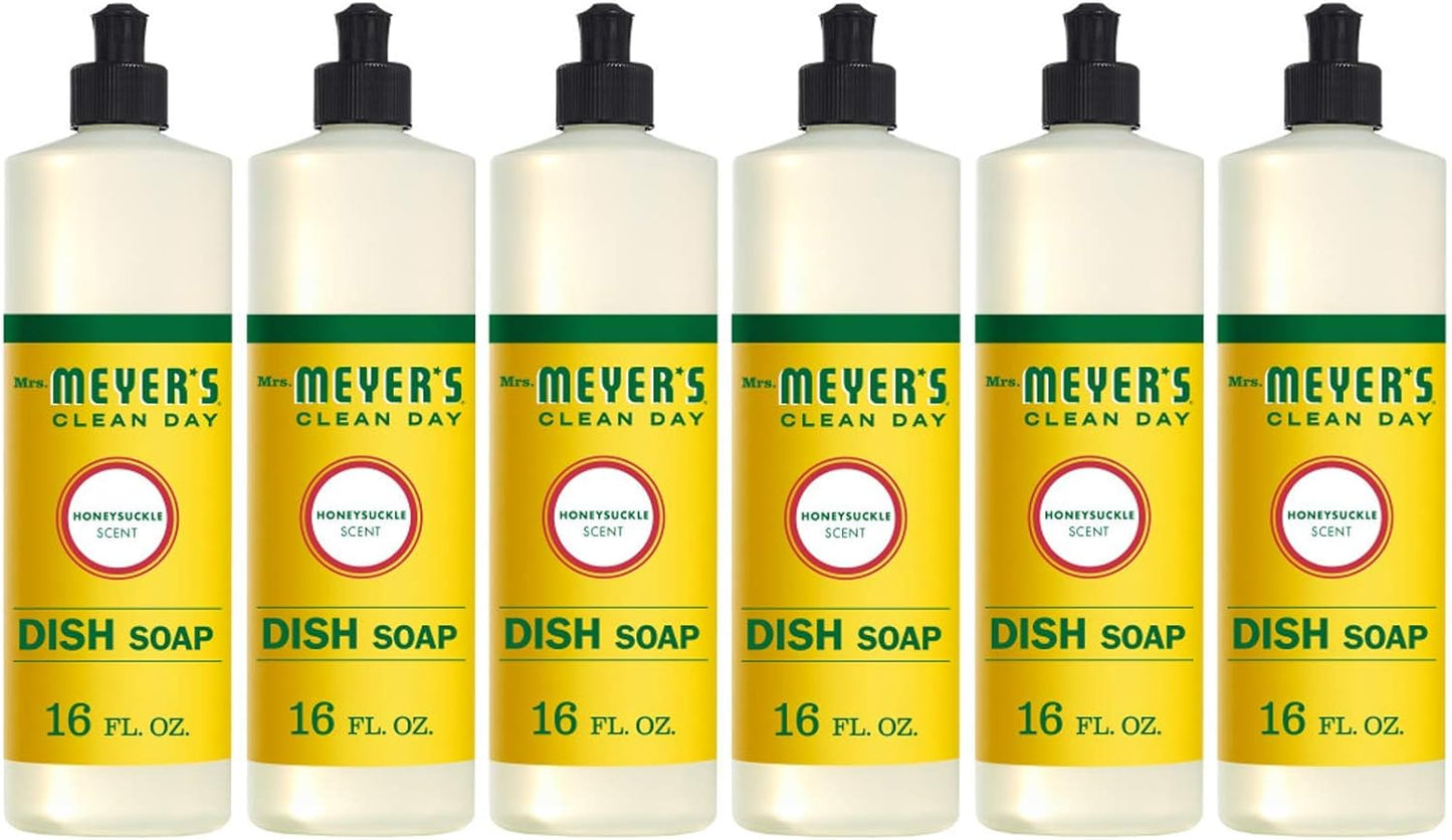 MRS. MEYER'S CLEAN DAY Liquid Dish Soap, Cruelty Free Formula, Honeysuckle Scent, 16 oz- Pack of 6