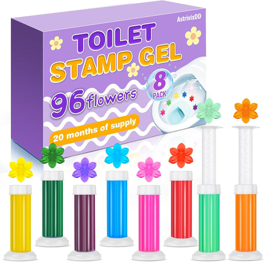 8 Pack Toilet Gel Stamp, 96 Stamps 8 Kinds Of Scent Toilet Bowl Cleaner Gel, Long-Lasting Flowers Shaped Bathroom Freshener, Keeps Toilet Fresh Fragrant and Clean