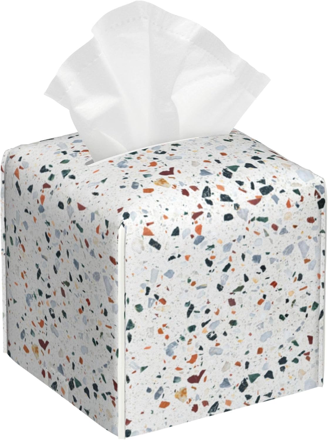 Tissue Box Cover Terrazzo Marble Tile Leather Tissue Box Holder Cube Paper Case Cover Facial Paper Organizer Dispenser for Bathroom, Vanity Countertop, Office Desk