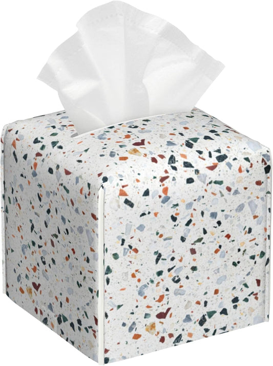 Tissue Box Cover Terrazzo Marble Tile Leather Tissue Box Holder Cube Paper Case Cover Facial Paper Organizer Dispenser for Bathroom, Vanity Countertop, Office Desk