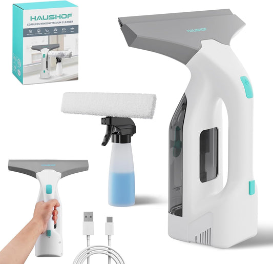 HAUSHOF Electric Window Vacuum Squeegee 11", Vacuum Squeegee Cordless Cleaner Tool Set, Window Vac with 300ml Spray Bottle & 100ml Water Tank for Mirror, Countertop, Showers