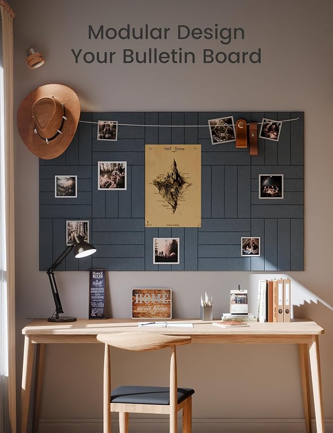 Felt Bulletin Board Tiles Large 48" x 36" Cork Board Alternative-12 Pack with 70 Adhesive Tabs, Thick Slat Wall Panels for Office Decor, Push Pin Board Wall Organizer -Deep Charcoal Blue