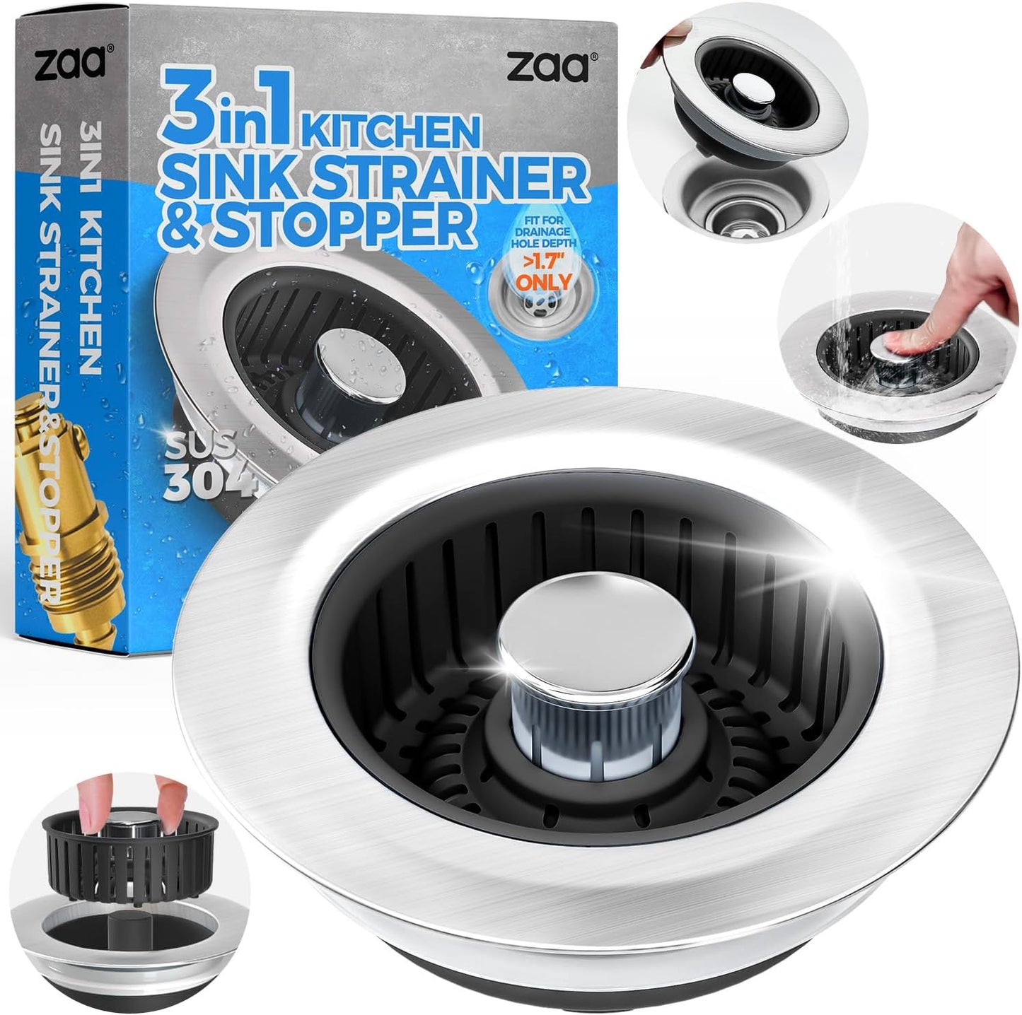 zaa Sink Drain Strainer - 3 in 1 Kitchen Sink Stopper, Stainless Steel Kitchen Drain Plug & Cover with Anti-Clogging Basket Strainer, Fit US Standard 3-1/2'' Sink Drain Hole, Brushed Black