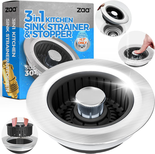 zaa Sink Drain Strainer - 3 in 1 Kitchen Sink Stopper, Stainless Steel Kitchen Drain Plug & Cover with Anti-Clogging Basket Strainer, Fit US Standard 3-1/2'' Sink Drain Hole, Brushed Black