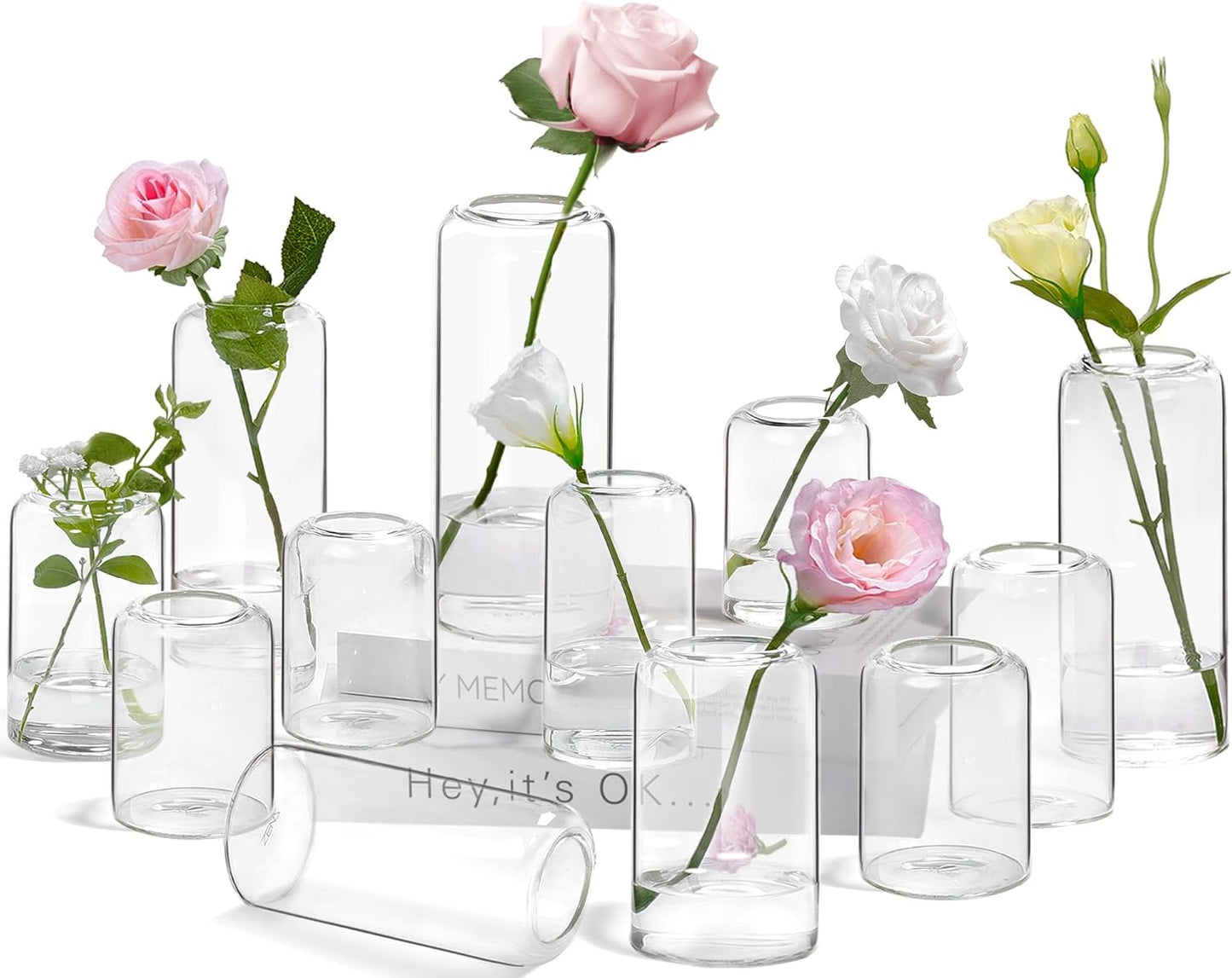ZENS Bud Vases in Bulk Set of 12, Modern Small Glass Vases for Flower Clear Bud Vases for Wedding Centerpiece, Blown Thicker Small Vase for Flowers, Wedding Party Decorative, Home Bathroom Decor