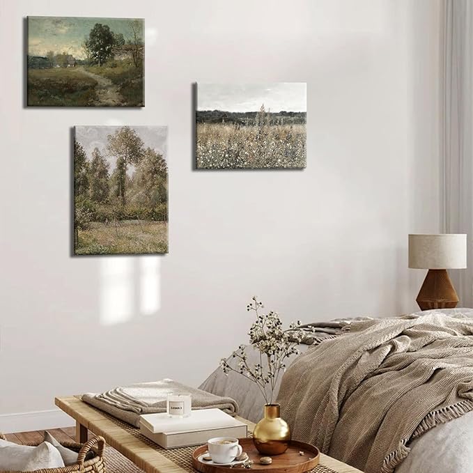 Vintage Landscape Canvas Wall Art Set of 3 - Meadow with Flowers Painting Prints,Rustic Farmhouse Posters Home Decor,Pastoral Outdoor Views Picture for Living Room Bedroom Bathroom 16x24in Framed