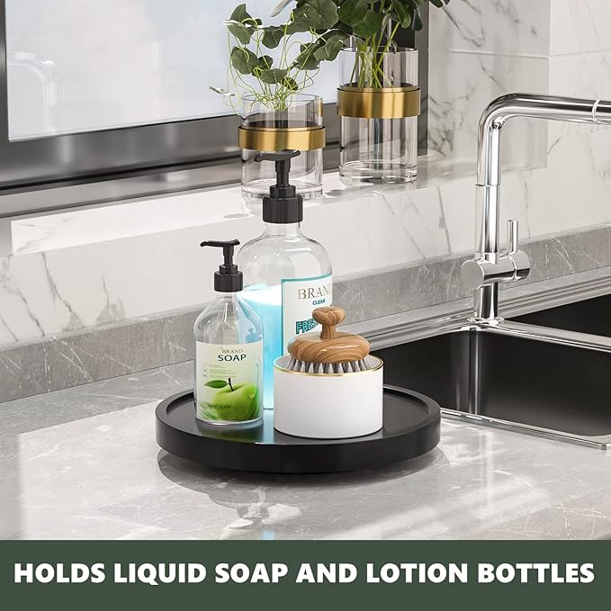 Turntable Vanity Tray 9 Inch for Perfume Candle, Bamboo Kitchen Sink Countertop Organizer for Keep Glass, Sponge and Soap Bathroom Countertop Organizer Black