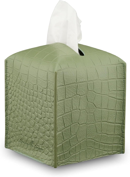 Premium PU Leather Tissue Box Holder–Modern Cover for Home, Office, Car–Stylish Cube Organizer for Standard Kleenex Tissues – Durable, Easy Refill, Crocodile Design (Green)