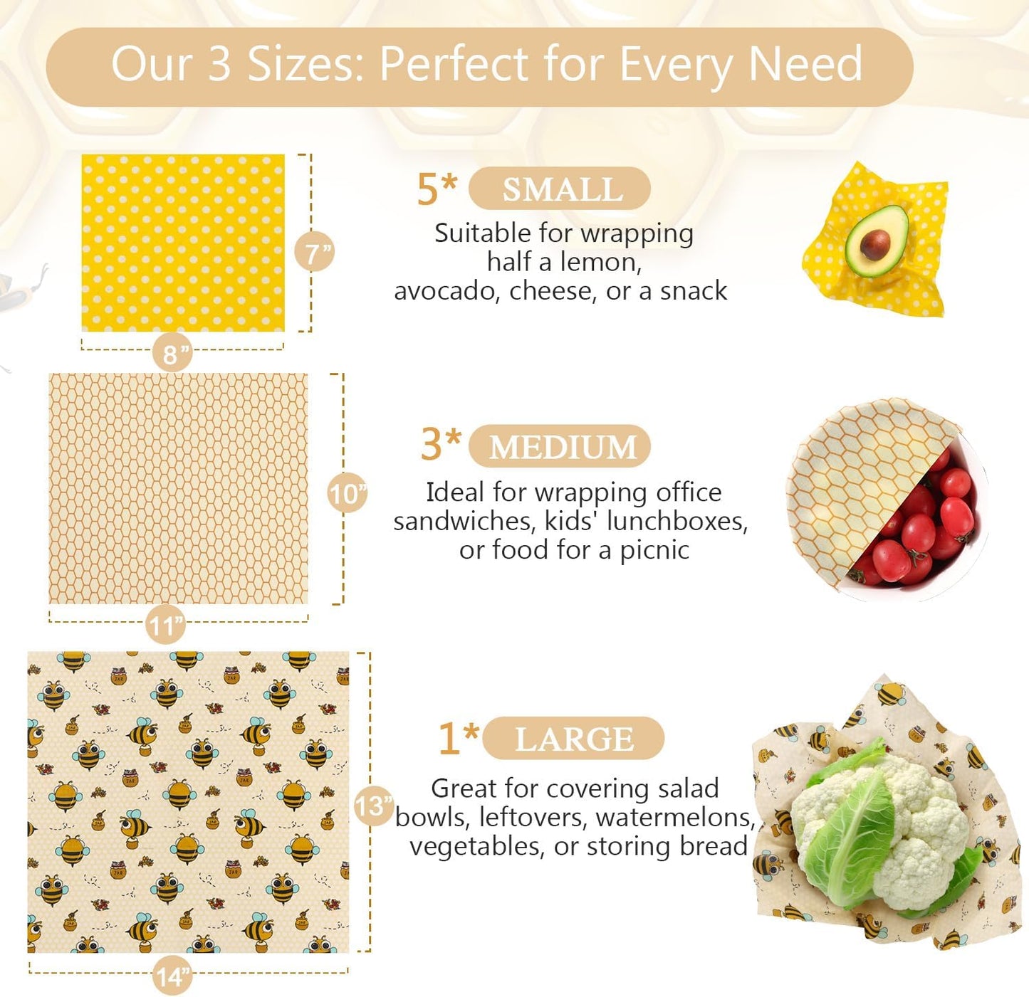 Reusable Beeswax Food Wraps - 9 Pack (5S,3M,1L) for Bread, Sandwiches, Cheese & Bowl Covers, Mason Jars, Eco-Friendly Kitchen Storage | Organic, Zero Waste, Plastic and Silicone Free
