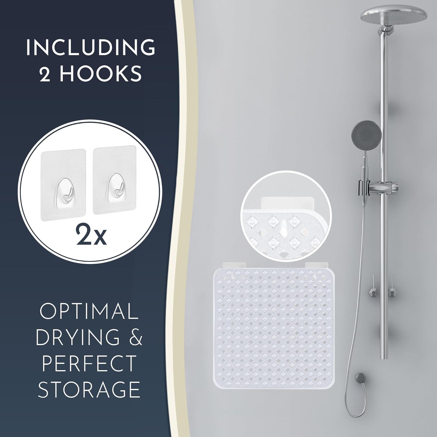 Homerella Anti Slip Shower Mat | Anti Mold Non Slip Bathtub Mat for Inside Shower | Square Floor Shower Mat 21 x 21 inch with Suction Cups for Grip & Hooks Hanging and Quick Drying | Machine Washable