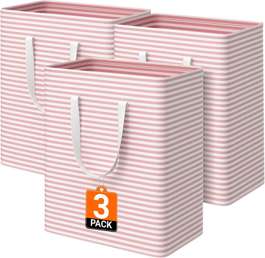 3 Pack Large Laundry Basket,Waterproof & Freestanding Laundry Hamper,Collapsible Clothes Hampers with Easy Carry Long & Reinforced Handles in Bathroom,College Dorm(100Lx3,Pink)