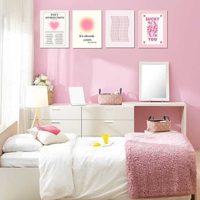 Hwetui Framed Preppy Pink Aura Wall Art Daily Affirmations posters Trendy Y2K Canvas Prints Cute Lucky You Painting Retro Aesthetic Room Decor Picture for College Dorm Bedroom 12x16Inch Set of 4