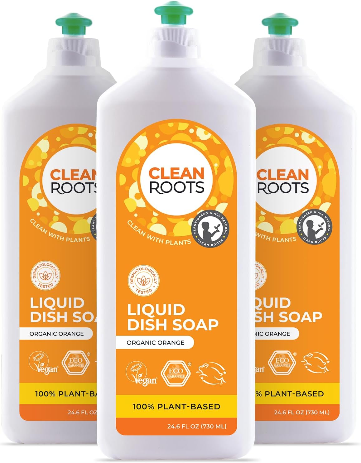 Liquid Dish Soap – EcoGarantie Certified, 100% Plant-Based Formula, Made with Organic Ingredients, Scented with Organic Orange Essential Oil – 24.6 fl oz (730 mL), Pack of 3