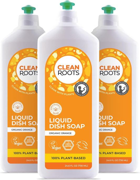Liquid Dish Soap – EcoGarantie Certified, 100% Plant-Based Formula, Made with Organic Ingredients, Scented with Organic Orange Essential Oil – 24.6 fl oz (730 mL), Pack of 3
