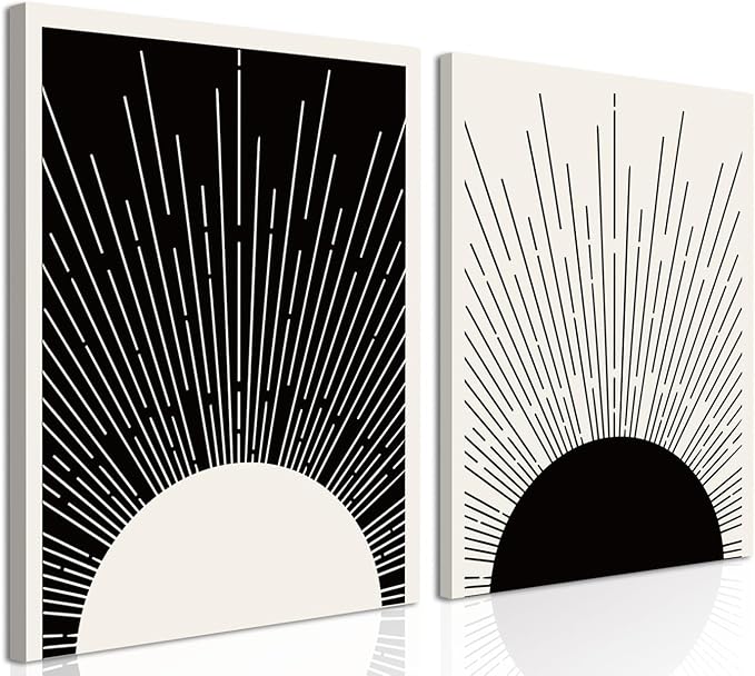 Hwetui Framed Boho Sun Wall Art Set of 2 Black and White Minimalist Sunrise Canvas Prints Abstract Sunshine Painting Geometric Line Pictures Home Decor for Living Room Bedroom Bathroom 16x24in
