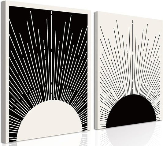 Hwetui Framed Boho Sun Wall Art Set of 2 Black and White Minimalist Sunrise Canvas Prints Abstract Sunshine Painting Geometric Line Pictures Home Decor for Living Room Bedroom Bathroom 16x24in