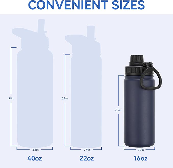 DOMICARE 16 oz Kids Water Bottle for School Stainless Steel Double Wall Vacuum Insulated Water Bottle with Straw lids & Spout Lid, Leakproof BPA Free (Navy,8)