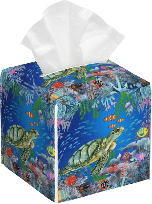 Underwater Sea Life Tissue Box Cover Square,Leather Tissue Holder with Bottom Belt,Waterproof Facial Paper Organizer Tissue Box Cover for Home Office Bathroom Vanity Countertop,5.2" x 5.2" x 5.2"