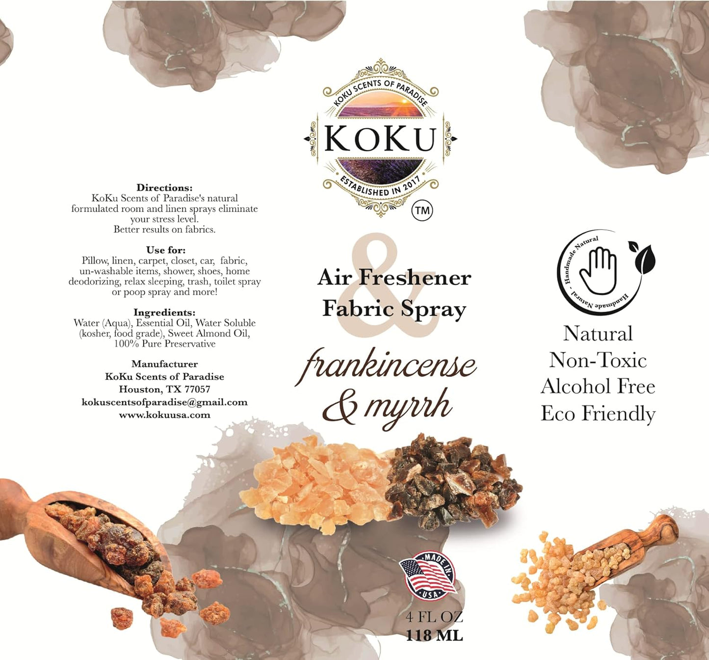 Frankincense Myrrh Air Freshener - Room Spray - Odor Eliminator - Deodorizer - Car Air Freshener - Home Spray - Linen Spray - Fabric Refresher - Non-Toxic - Alcohol Free (4 Oz)